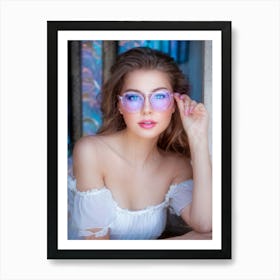 Captivating Blue Eyed Beauty Accentuated By Soft Pink Glasses Lips Tinted With Sheer Pink Gloss Se Art Print