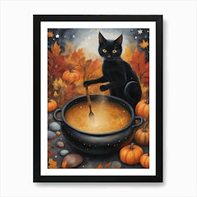 Blessed Samhain ~ Black Cat Stirring Pumpkin Soup on Halloween by Sarah Valentine Art Print