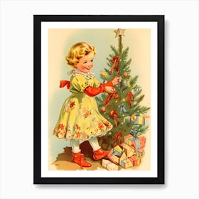 Vintage Christmas Girl in Yellow Dress Art Print
