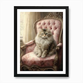 Cat on A Fancy Chair, Funny, Pink Pastel Colors Art Print