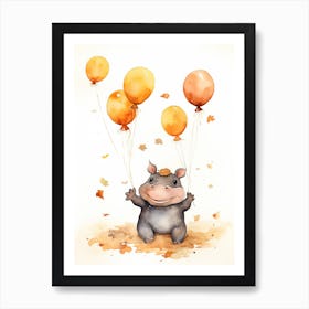 Hippopotamus Flying With Autumn Fall Pumpkins And Balloons Watercolour Nursery 3 Art Print