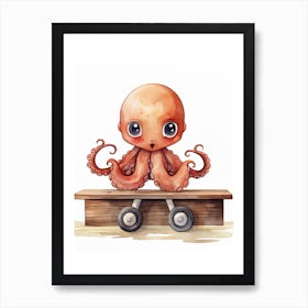 Baby Octopus On A Toy Car, Watercolour Nursery 1 Art Print