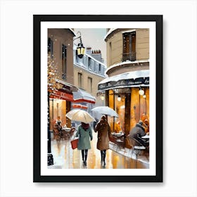 Paris cafes, winter season, Christmas, autumn oil colors, pale colors, pedestrians in the street, winter clothes, falling snow.Christmas decorations.4 Art Print