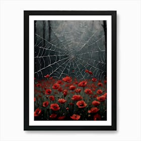 Gothic Art ~ Spiders Web After the Rain in Red Poppy Filled Woods Dark Aesthetic Painting by Sarah Valentine Art Print