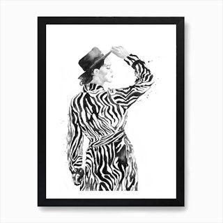 Woman In Zebra Coat Black & White Art Print