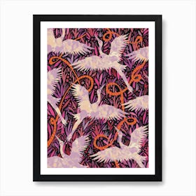 Purple Cranes Floral Pattern Art Print