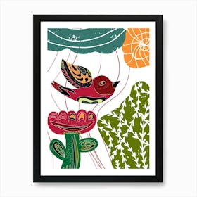 stylized bird and flower folk art motifs Póster