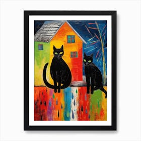 Two Black Cats In Front Of A Colourful House  Art Print