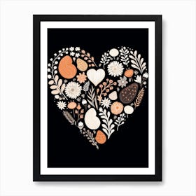 Flower Pattern Heart Black & Burnt Orange Art Print