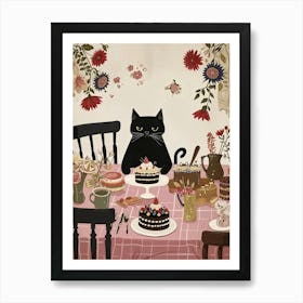 Black Cat With Cakes Coffee And Flower Painting Cat Kitchen Print Cat Lover Gift Cute Cat Print Kitchen Art Print