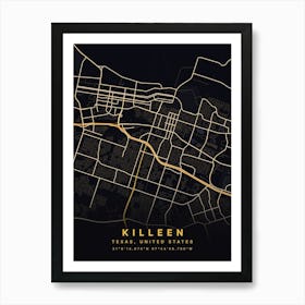 Killeen Texas USA Black And Gold Map Art Print