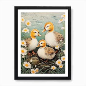 Duck & Duckling In The Flowers Japanese Woodblock Style 5 Art Print