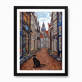 Painting Of Amsterdam With A Cat In The Style Of William Morris 1 Art Print