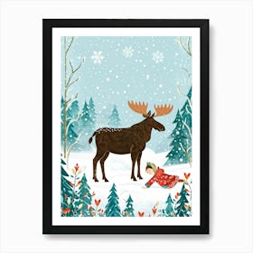 Illustration Of A Serene Scandinavian Winter Forest Moose With Ornamented Antlers Standing In A Sno Art Print