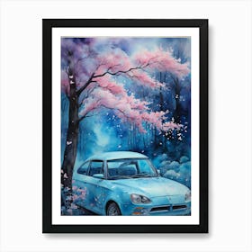 Blue Car In Cherry Blossoms Art Print