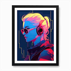 Girl With Headphones, cyberpunk style Art Print