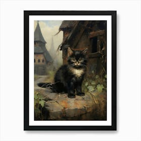 Cute Cats With A Medieval Cottage In The Background 6 Art Print