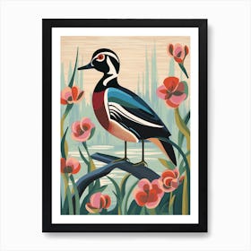 Vintage Bird Linocut Wood Duck 1 Art Print