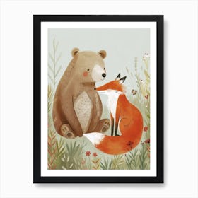 Sloth Bear And A Fox Storybook Illustration 4 Art Print