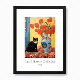 Cats & Flowers Collection Pansy Flower Vase And A Cat, A Painting In The Style Of Matisse 0 Art Print