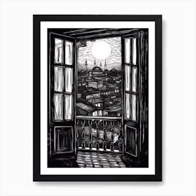 A Window View Of Istanbul In The Style Of Black And White  Line Art 4 Art Print