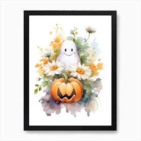 Cute Ghost With Pumpkins Halloween Watercolour 115 Art Print