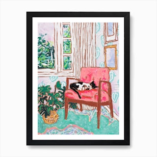 Mid Century Chair With Napping Tuxedo Cat Painting Art Print