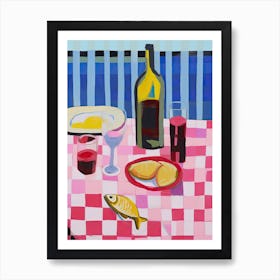 Painting Of A Table With Food And Wine, French Riviera View, Checkered Cloth, Matisse Style 9 Art Print