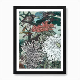 Abstract Botanical Fiddleheads and Dahlias, Teal and Indigo, Collage No.1262-02 Art Print