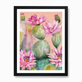 Watercolor Cactus With Pink Florals Art Print