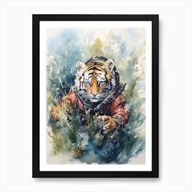 Tiger Illustration Scuba Diving Watercolour 1 Art Print