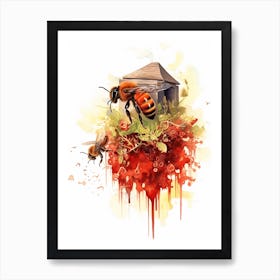 Red Mason Bee Beehive Watercolour Illustration 1 Art Print