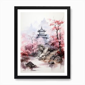 Chureito Pagoda In Yamanashi, Japanese Brush Painting, Ukiyo E, Minimal 3 Art Print