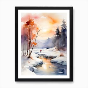 Winter Landscape Watercolor Painting. 1 Art Print