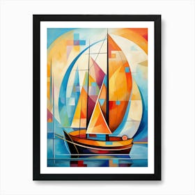 Sailing Boat III, Avant Garde Vibrant Colorful Painting in Cubism Picasso Style Art Print