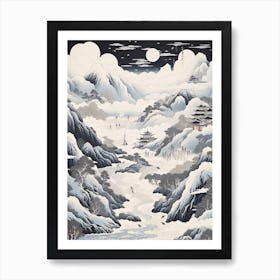 The Japanese Alps In Multiple Prefectures, Ukiyo E Black And White Line Art Drawing 1 Art Print