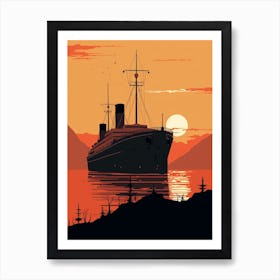 Titanic Ship At Sunset Sea Minimalist Illustration 2 Art Print