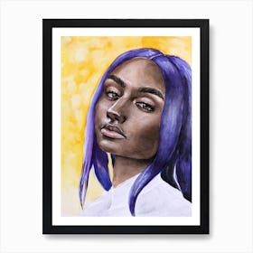 Watercolor portrait of a woman with purple hair on a yellow background Art Print