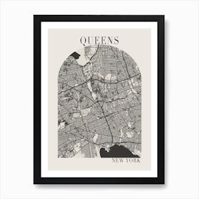 Queens New York Boho Minimal Arch Full Beige Color Street Map 1 Art Print