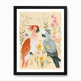 Folksy Floral Animal Drawing Cockatoo 3 Art Print