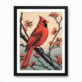 Vintage Bird Linocut Northern Cardinal 1 Art Print