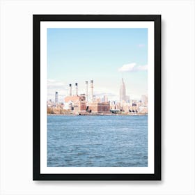 New York, USA I Vintage Manhattan skyline view photography from arty Williamsburg to Brooklyn with the Hudson River in front for an industrial panorama with autumn blue and orange aesthetic on skyscrapers Art Print