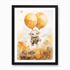 Sheep Flying With Autumn Fall Pumpkins And Balloons Watercolour Nursery 1 Art Print