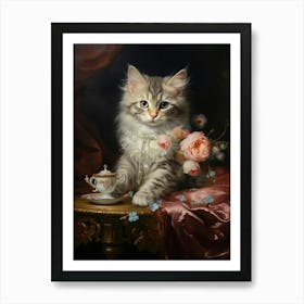 Cat With Pink Flowers Rococo Style 1 Art Print