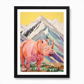 Colourful Patchwork Rhino With Mountain In The Background 1 Art Print