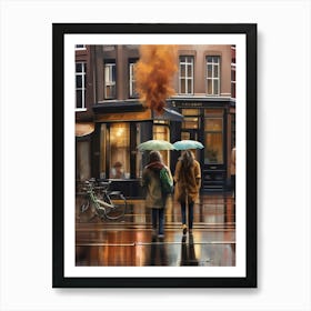 Amsterdam cafes, autumn season, rain, autumn oil colours.Faded colours,People passing on the street, winter clothes, rain umbrellas.8 3 Art Print