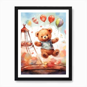 Trampoline Teddy Bear Painting Watercolour 2 Art Print