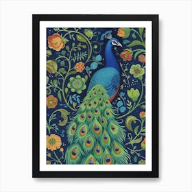 Turquoise Tones Peacock Floral Wallpaper Art Print