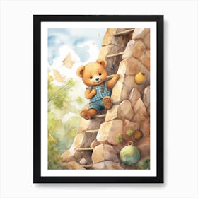 Rock Climbing Teddy Bear Painting Watercolour 3 Art Print