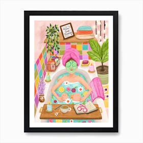 Woman in Bathtub Self care Illustration Relax Soak Unwind Inspirational Art Print